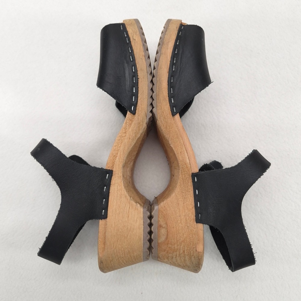 Swedish Hasbeens Clog Sandals Black 38 Retro Boho Wood Platform Peep Toe Heels - Picture 7 of 11